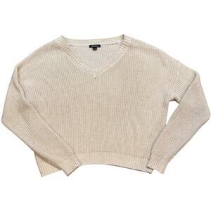 Ivory Cream Gold Metallic Thread V Neck Sweater Size Large - Wild Fable